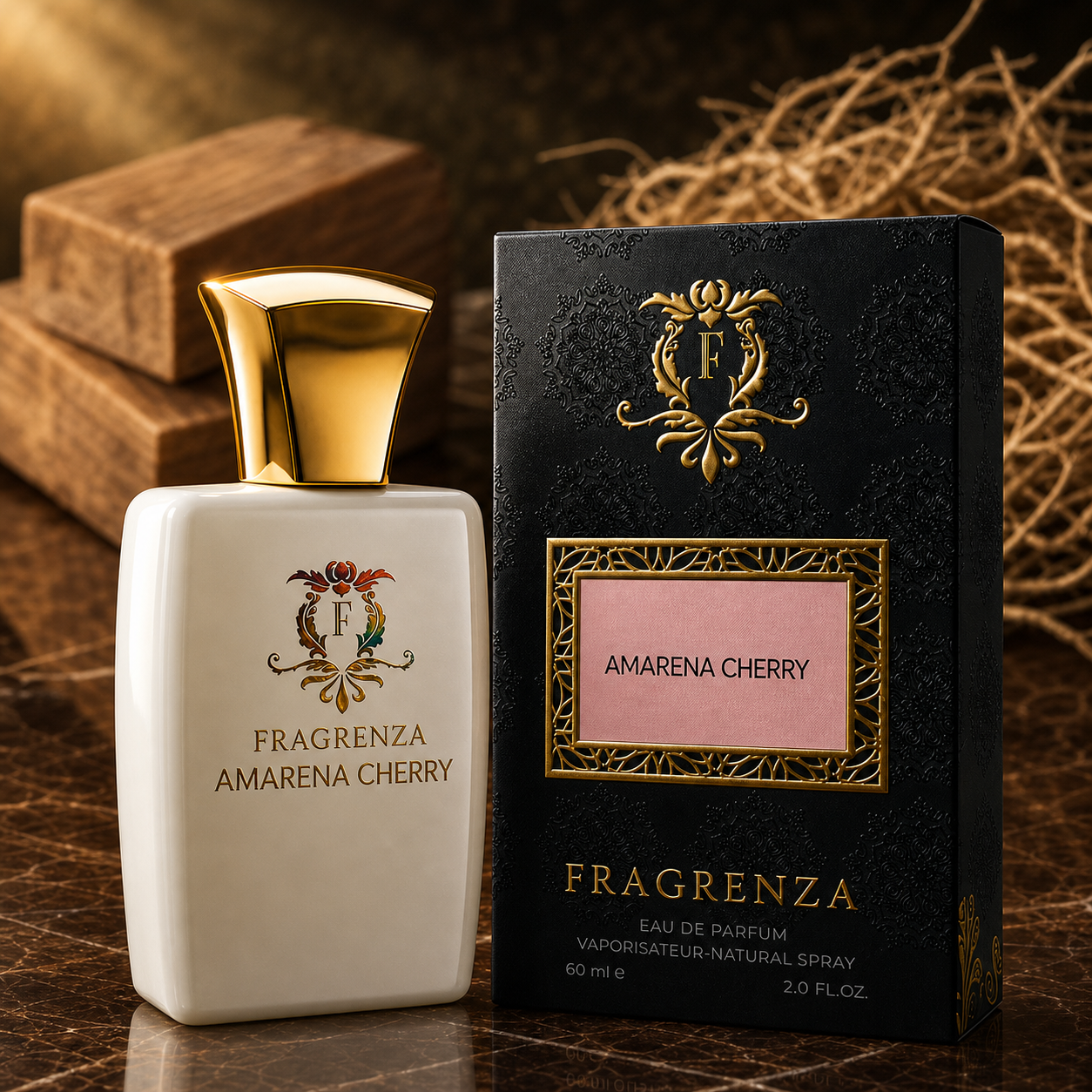 Amarena Cherry by Fragrenza — boxed bottle, inspired by Tom Ford Lost Cherry. Vegan and cruelty-free.