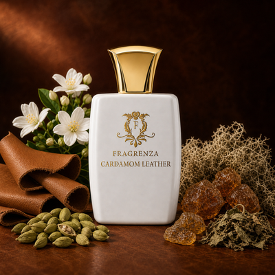Cardamom Leather by Fragrenza — niche unisex eau de parfum inspired by Tom Ford Ombré Leather, with cardamom, leather, jasmine sambac, amber, oakmoss and patchouli. Vegan and cruelty-free.