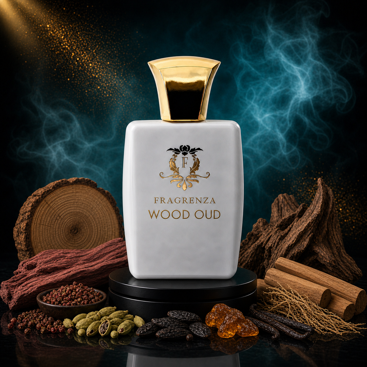 Wood oud by Fragrenza — niche unisex eau de parfum inspired by Tom Ford Oud Wood, with Rosewood, Cardamom, Sichuan Pepper, Oud, Sandalwood, Vetiver, Tonka Bean, Vanilla, Amber. Vegan and cruelty-free.