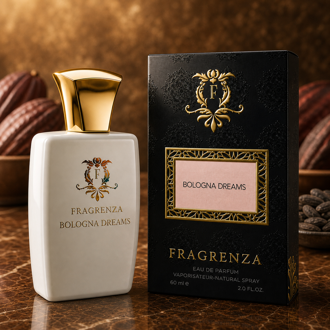 Bologna Dreams by Fragrenza — boxed bottle, inspired by Tom Ford Tobacco Vanille. Vegan and cruelty-free.