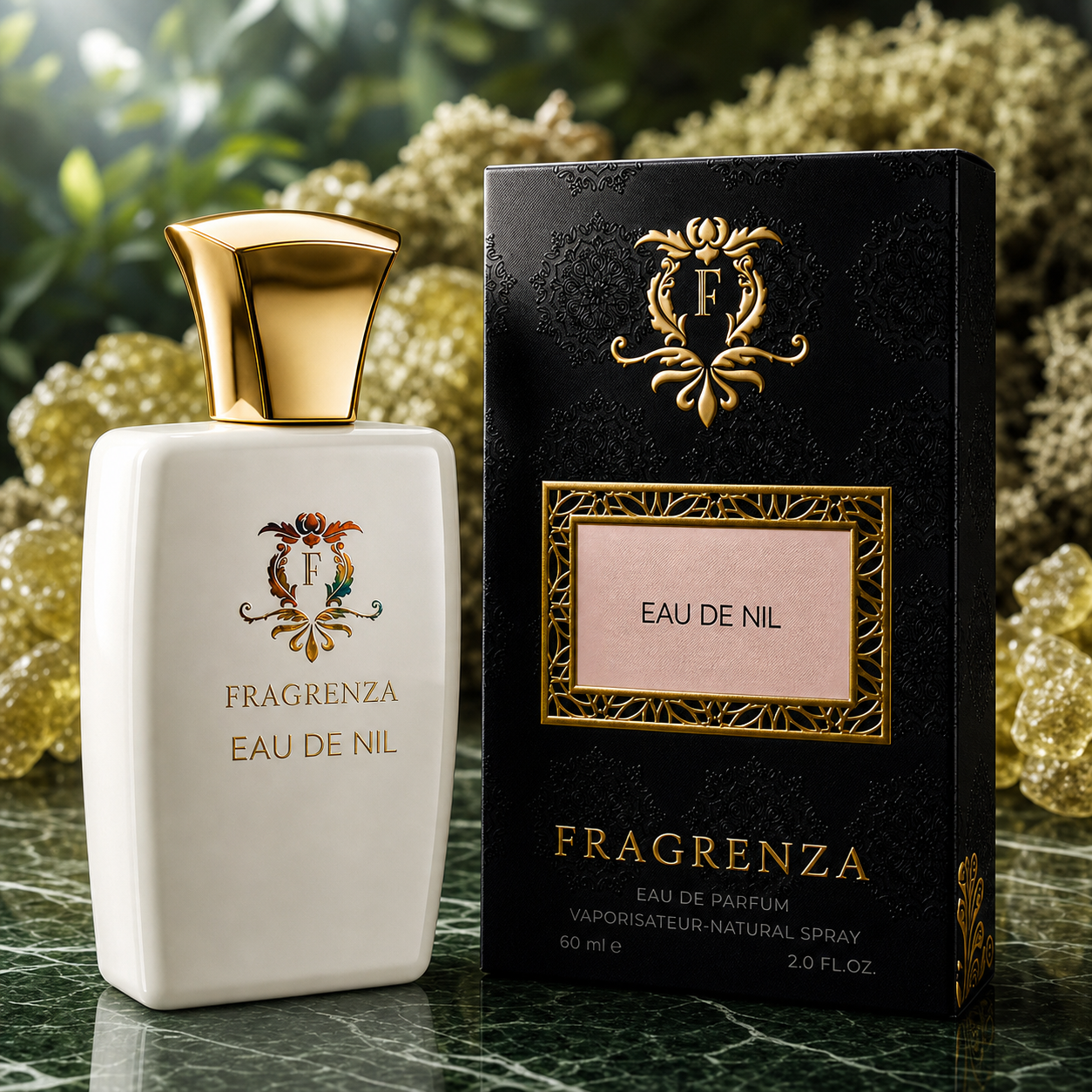 Eau de Nil by Fragrenza — boxed bottle, inspired by Tom Ford Vert Bohème. Vegan and cruelty-free.