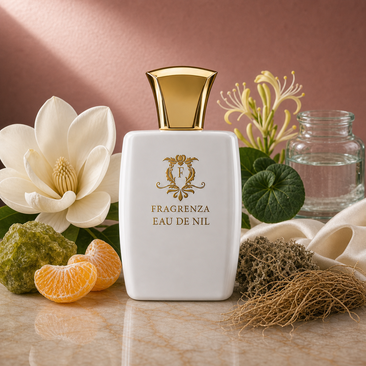 Eau de Nil by Fragrenza — niche unisex eau de parfum inspired by Tom Ford Vert Bohème, with galbanum, mandarin, magnolia, honeysuckle, violet leaf, sea water, oakmoss, vetiver and white musk. Vegan and cruelty-free.