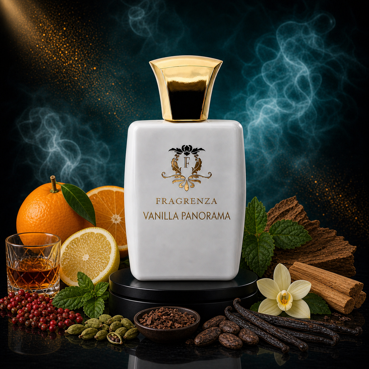 Vanilla Panorama by Fragrenza — niche women's eau de parfum inspired by Dior Vanilla Diorama, with Orange, Pink Pepper, Lemon, Rum, Cacao, Cardamom, Vanilla, Sandalwood, Patchouli. Vegan and cruelty-free.