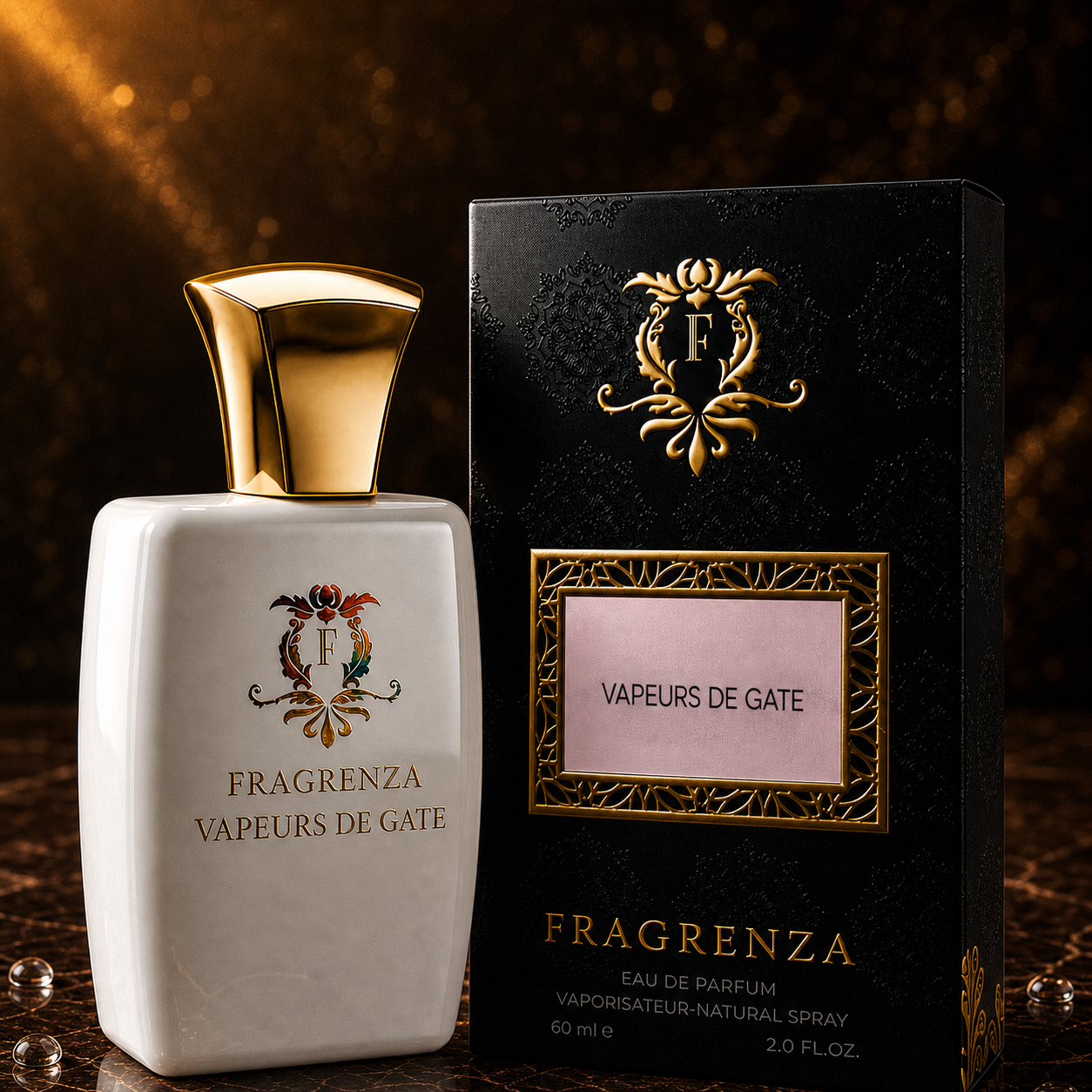 Vapeurs de Gate by Fragrenza — boxed bottle. Vegan and cruelty-free.
