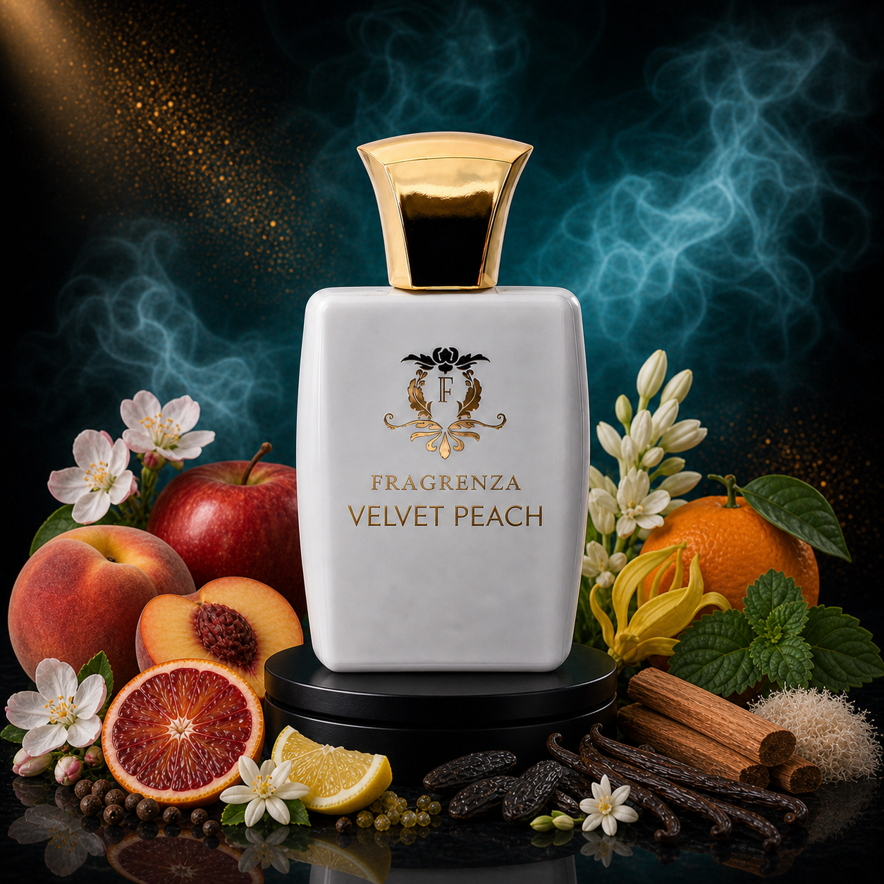 Velvet Peach by Fragrenza — original unisex eau de parfum with Peach, Apple Blossom, Blood Orange, Lemon, Pimento, Tuberose, Orange, Ylang-Ylang, Patchouli, Tonka Bean, Vanilla, Musk, Sandalwood. Vegan and cruelty-free.