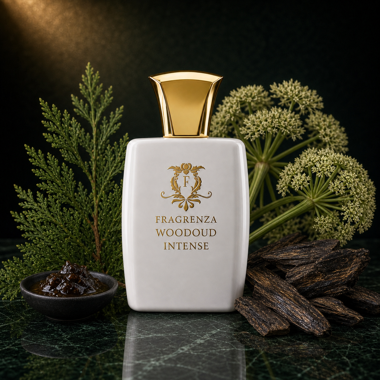 Woodoud Intense by Fragrenza — niche unisex eau de parfum inspired by Tom Ford Oud Wood Intense, with Castoreum, Cypress, Angelica, Oud. Vegan and cruelty-free.
