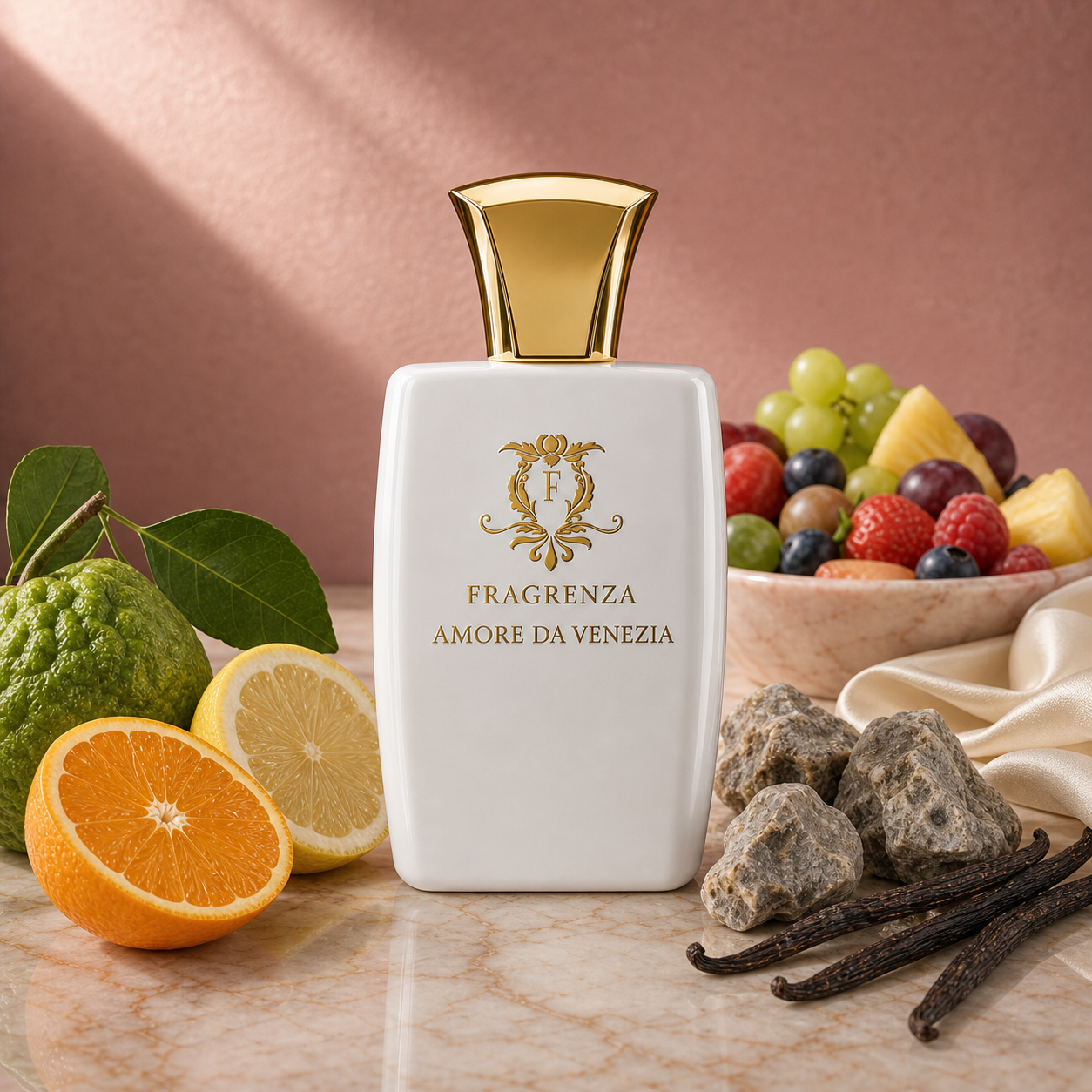 Amore da Venezia by Fragrenza — niche unisex eau de parfum inspired by Xerjoff Erba Pura, with Bergamot, Orange, Lemon, Fruity Notes, Ambergris, Bourbon Vanilla, White Musk. Vegan and cruelty-free.